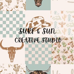 May include: A digital collage featuring a repeating pattern of cow skulls, cacti, cowboy boots, and checkered squares in muted sage green and tan. The text SURF & SUN CREATIVE STUDIO is centered in black script over a cow-print cowboy hat graphic.