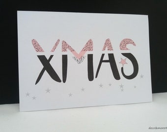 Postkarte Weihnachten XMAS - weiß/rosa