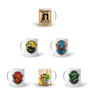 May include: Six white ceramic mugs with different Harry Potter themed designs. The mugs feature the Hogwarts house crests, a wanted poster for Harry Potter, and a Hogwarts crest with a watercolour background.