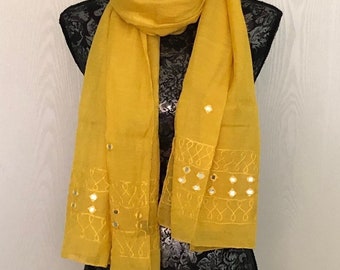 EMBROIDERED SCARF For Women, Solid Colour, Sunshine Yellow Viscose Silk Shawl, Stole, Hijab, Wrap, gift for Her
