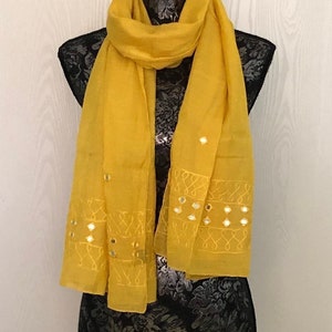 EMBROIDERED SCARF For Women, Solid Colour, Sunshine Yellow Viscose Silk Shawl, Stole, Hijab, Wrap, gift for Her
