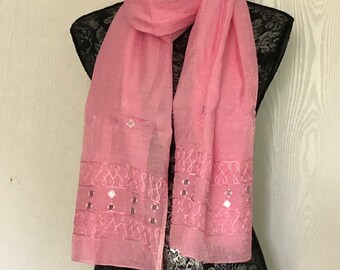 EMBROIDERED SCARF For Women, Solid Colour, Rose Pink Viscose Silk Shawl, Stole, Hijab, Shoulder Wrap For Evening Wear