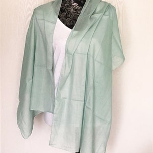 May include: A light green scarf draped over a mannequin. The scarf is made of a soft, lightweight fabric.