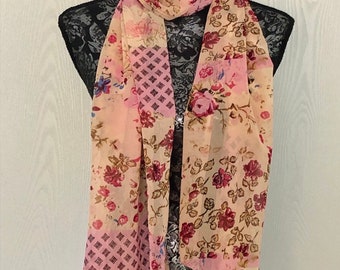 LIGHT CHIFFON SCARF, Peach Pink Flower Print, Long stole, Shawl, Neck Scarf, Hijab, Head Wrap, Gift For Her.