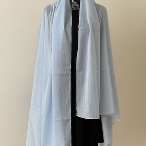 May include: A light blue sheer scarf draped over a black dress form.