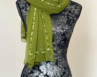Vintage Stole, Long green embroidered Scarf, Shawl, Hijab for women.