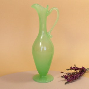 Green Opaline Pitcher Vase. Blown Glass from the 60s/70s. Artisanal Opaline from France or Italy. Handmade Opaline. Beauty. ArtyEpicurean.