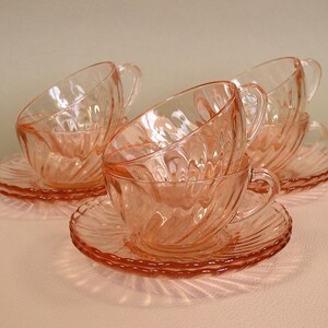 Six &quot;ARCOROC&quot; Cups and Saucers. Glass Cups. &quot;ROSALINE&quot; Model. Vintage Cups from France. Pink Color Cups. Old. ArtyEpicurean.