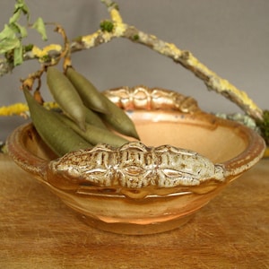 Op de afbeelding: Een keramische kom met een bruine glazuur en decoratieve handvatten. De kom is gevuld met groene zaaddozen.