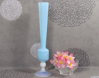 Tall Elegant Blue Opaline Vase.Opalescent White Pedestal Base.Baby Blue and White.Elegant Glassware.ArtyEpicurean.