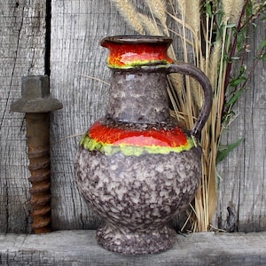 WEST GERMANY.Red,Yellow and Brown.Horizontal Lines.Speckled.Retro West German Pitcher.Kitchen and Dining.Vintage Ceramic.Fat lava Style.