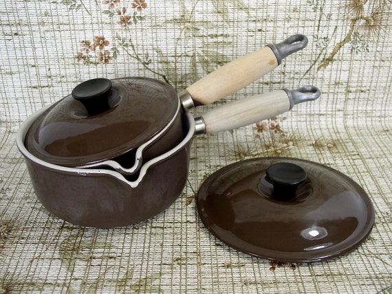 Casserole Le Creuset vintage en fonte émaillée marron/caramel avec couvercle ~ 20 cm ~ « Gamme La Mama » ~ Cuisine de campagne - France