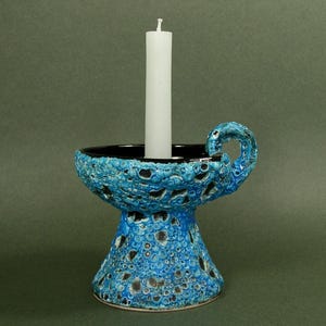 Blue/Black French Ceramic Candleholder.Old French Candleholder. Handmade Candleholder.Vintage French Artisanal Ceramics.ArtyEpicurean.