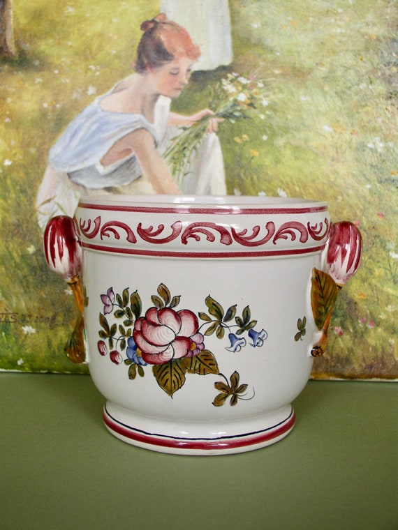Pot De Fleurs Ancien En Faïence – Décor Floral Peint à La Main – 18 Cm