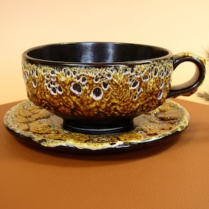 Cup/Saucer "Honey Enamels". Cyclops Workshop. Vintage French Craftsmanship. Decorative Stoneware Ceramic 60s. Annecy Ceramics. ArtyEpicurean.