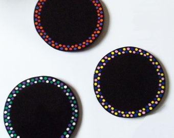 Black and Multicolour Dotty Coasters Set of 3, Varnished Clay Coasters, Clay Coasters, Coasters, Set of Multicolour Clay Coasters, Home Gift