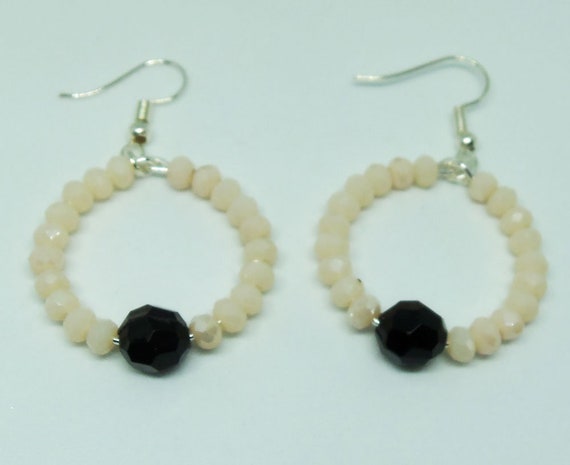 Beaded White and Black Faceted Sparkle Bead Drop Hoop Earrings