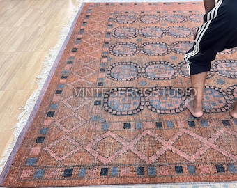 Handgeknoopt koperwollen vloerkleed, oranje boho-decortapijt voor woonkamer, slaapkamer, hal, vintage oosters, tapijt in Perzische stijl