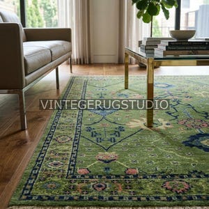 Green Floral Rug, Vintage Oushak Area Rug 8x10 9x12, Hand Knotted Persian Oriental Rug, Boho Decor, Living Room, Bedroom, Hallway, Kitchen image 7