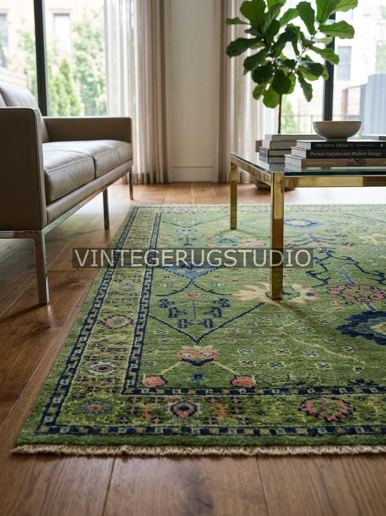 Green Floral Rug, Vintage Oushak Area Rug 8x10 9x12, Hand Knotted Persian Oriental Rug, Boho Decor, Living Room, Bedroom, Hallway, Kitchen image 7
