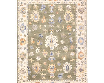 Green Wool Oushak Rug | Modern Turkish Design, Handmade