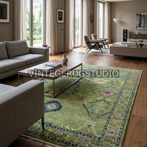 Green Floral Rug, Vintage Oushak Area Rug 8x10 9x12, Hand Knotted Persian Oriental Rug, Boho Decor, Living Room, Bedroom, Hallway, Kitchen image 6