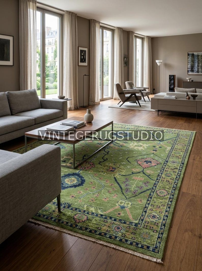 Green Floral Rug, Vintage Oushak Area Rug 8x10 9x12, Hand Knotted Persian Oriental Rug, Boho Decor, Living Room, Bedroom, Hallway, Kitchen image 6