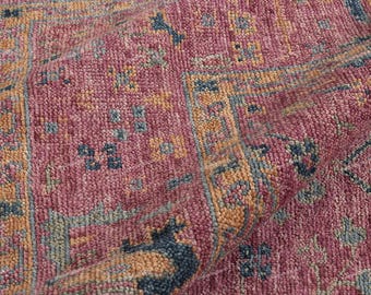 Alfombra vintage Oushak de 20 x 25 cm, anudada a mano, de lana, en tonos rojos apagados y con flores, para interior, estilo persa tradicional, decoración turca para salón, estilo desgastado.