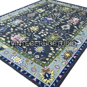 Vintage Anthrazit Grauer Oushak Teppich - Baum Des Lebens Handgeknüpfter Wollteppich Türkischer Stil Teppich Großes Wohnzimmer