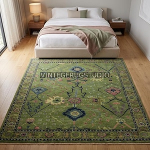Green Floral Rug, Vintage Oushak Area Rug 8x10 9x12, Hand Knotted Persian Oriental Rug, Boho Decor, Living Room, Bedroom, Hallway, Kitchen image 8