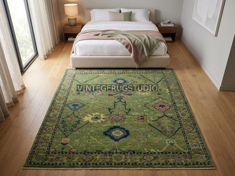 Green Floral Rug, Vintage Oushak Area Rug 8x10 9x12, Hand Knotted Persian Oriental Rug, Boho Decor, Living Room, Bedroom, Hallway, Kitchen image 8