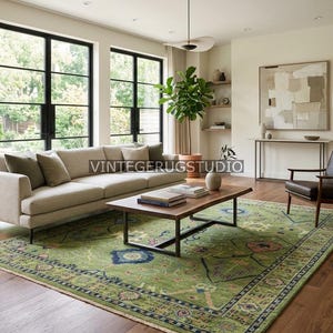 Green Floral Rug, Vintage Oushak Area Rug 8x10 9x12, Hand Knotted Persian Oriental Rug, Boho Decor, Living Room, Bedroom, Hallway, Kitchen image 2