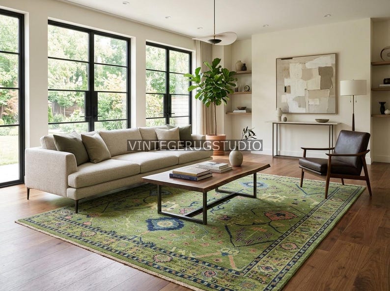 Green Floral Rug, Vintage Oushak Area Rug 8x10 9x12, Hand Knotted Persian Oriental Rug, Boho Decor, Living Room, Bedroom, Hallway, Kitchen image 2