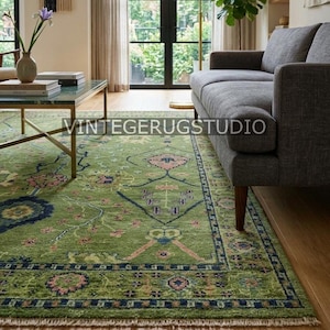 Green Floral Rug, Vintage Oushak Area Rug 8x10 9x12, Hand Knotted Persian Oriental Rug, Boho Decor, Living Room, Bedroom, Hallway, Kitchen image 1