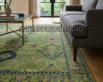 Green Floral Rug, Vintage Oushak Area Rug 8x10 9x12, Hand Knotted Persian Oriental Rug, Boho Decor, Living Room, Bedroom, Hallway, Kitchen