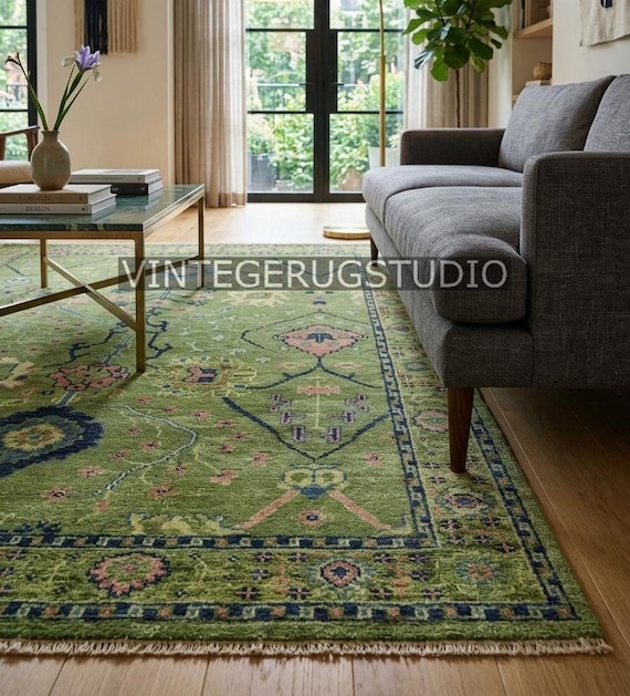 Green Floral Rug, Vintage Oushak Area Rug 8x10 9x12, Hand Knotted Persian Oriental Rug, Boho Decor, Living Room, Bedroom, Hallway, Kitchen