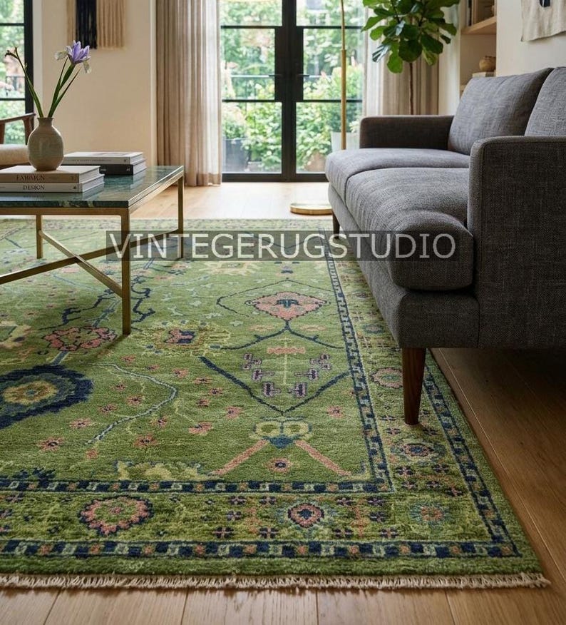 Green Floral Rug, Vintage Oushak Area Rug 8x10 9x12, Hand Knotted Persian Oriental Rug, Boho Decor, Living Room, Bedroom, Hallway, Kitchen image 1