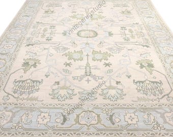 Vintage Oushak Area Rug – Hand-Knotted Wool Carpet (Beige, Sage Green & Blue Floral) Traditional Turkish Style Rug