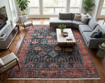 Eros Hand-Knotted Red and Blue Area Rug 8'x10' Vintage Persian Style Rug - rustic decor Turkish Oushak Rug Made To Order