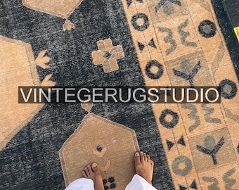 Vintage Stil Bereich Teppich - Distressed Geometrisches Design - Schwarz und Beige Teppich