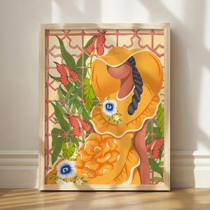 May include: A digital illustration of a person wearing a yellow dress and hat with floral details. The person is standing in front of a patterned background with green leaves and flowers.