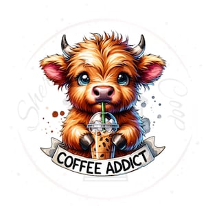 Coffee Addict Highland Cow DTF Transfer Print