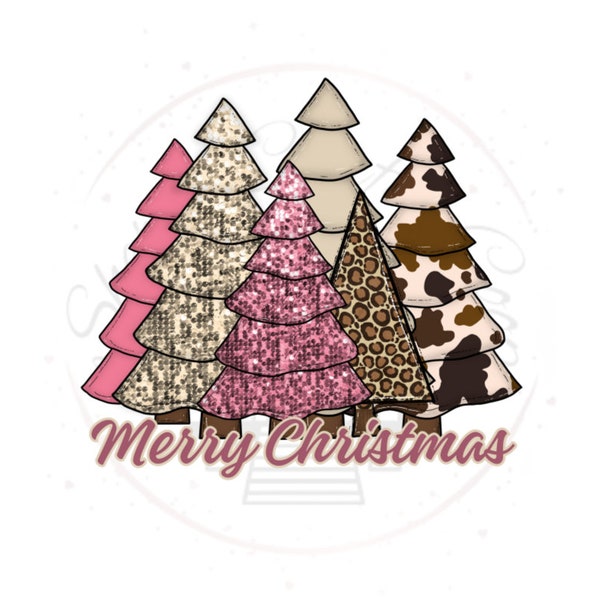 Pink Glitter & Cow Print Christmas Trees DTF Transfer Print(only) Ready To Press