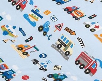 Cotton fabric vehicles light blue *from 10 cm*