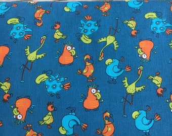 Cotton fabric birds blue colorful from 10 cm