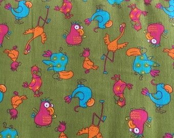 Cotton fabric birds green colorful from 10 cm