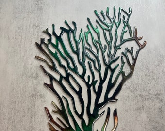 Grand éventail Branche de corail - Décoration murale en métal - Vert cuivre
