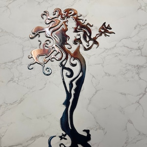 Mermaid Metal Wall Art Tall with Fish Copper and Bronzed and Blue Tinged