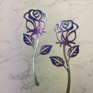 Rose Metal Wall Art Accent Purple & Silver Pair of Roses 12&quot; x 5&quot;