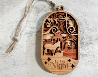 Nativity scene ‘O Holy Night’ Christmas ornament | layered wood